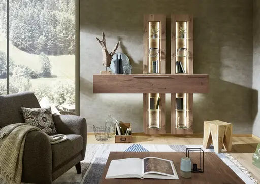 Wohnwand - mit Beleuchtung, Alteiche Furnier, Akzent Alteiche Rustic