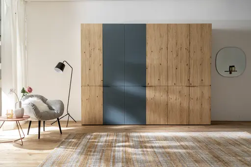 Drehtürenschrank Matera, B ca. 302, Ethno Eiche, Glas, blaugrün