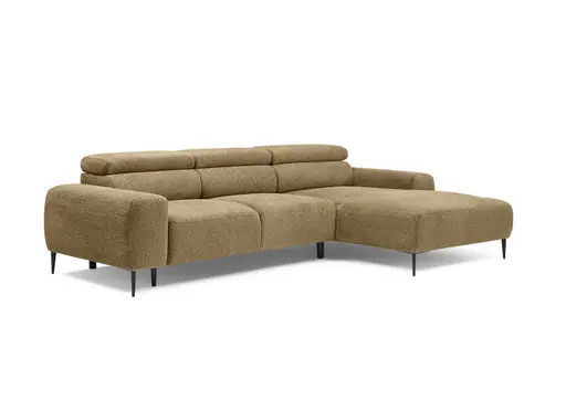 Ecksofa - 2-Sitzer mit Longchair rechts, Sitzvorzug motorisch, Kopfteil verstellbar, Stoff, Senfgelb
