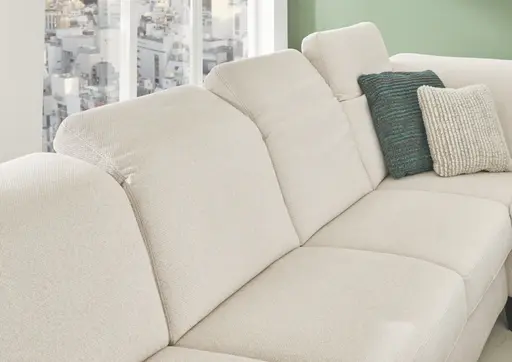 Wohnlandschaft - Longchair links mit 2,5-Sitzer und Ecke rechts, Kopfteil vertellbar, Stoff, Ecru