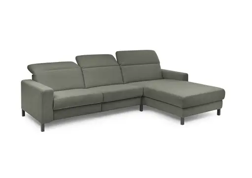 Ecksofa - CALM FLEX 2.0, 3-Sitzer mit Longchari rechts, Kopfteil verstellbar, Stoff, Olive