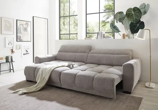Ecksofa - Longchair links mit 2-Sitzer, Kopfteil verstellbar, Sitztiefe verstellbar motorisch, Stoff, Taupe