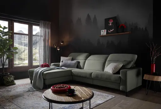 Ecksofa - CALM FLEX 2.0, Longchair links mit 3-Sitzer, Kopfteil verstellbar, Stoff, Olive