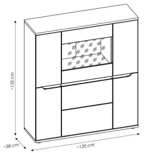 Vitrine - B ca. 120 cm, Kaschmir, Nussbaum Nachbildung