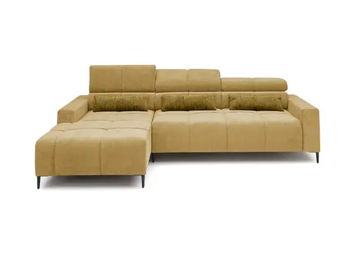 Ecksofa - Longchair links mit 2-Sizer, Sitztiefe verstellbar motorisch/Kopfteil verstellbar, Stoff, Senfgelb