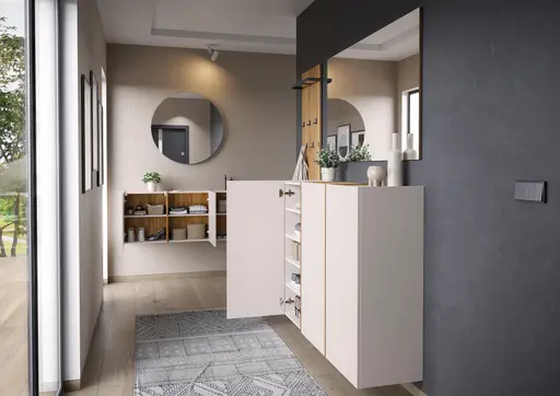 Schuhschrank GASIRA - B ca. 138 cm, Kaschmir, Navarra Eiche Nachbildung