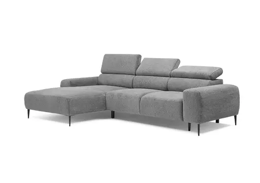 Ecksofa - Longchair links mit 2-Sitzer, Sitzvorzug motorisch, Kopfteil verstellbar, Stoff, Grau