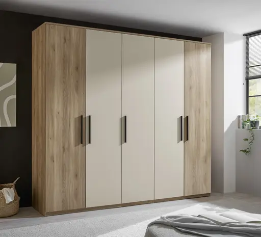 Drehtürenschrank - B. ca. 250,4 cm, Außentüren Holzdekor, Mitteltüren Beige