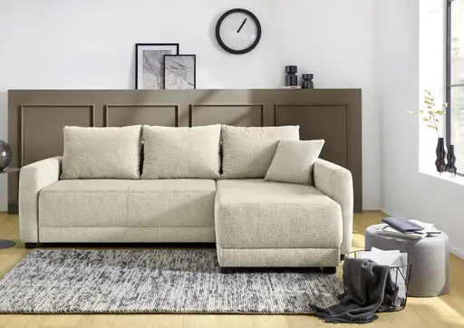 Ecksofa - 2-Sitzer mit Longchair rechts, Schaffunktion mit Bettkasten, Stoff, Beige