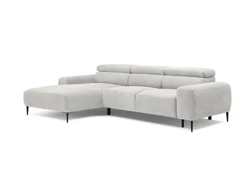 Ecksofa - Longchair links mit 2-Sitzer, Sitzvorzug motorisch, Kopfteil verstellbar, Stoff, Creme
