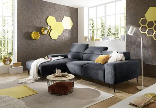 Ecksofa - Longchair links mit 2-Sitzer, Sitzvorzug motorisch, Kopfteil verstellbar, Stoff, Schwarzgrau