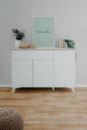 Kommode - B ca. 133 cm, Weiß, Sandstein Nachbildung