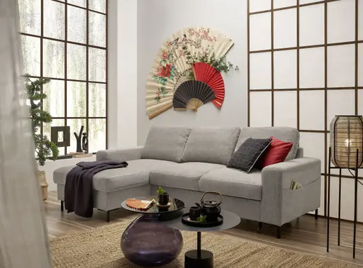 Ecksofa - Longchair links mit 2-Sitzer, Stoff, Steingrau