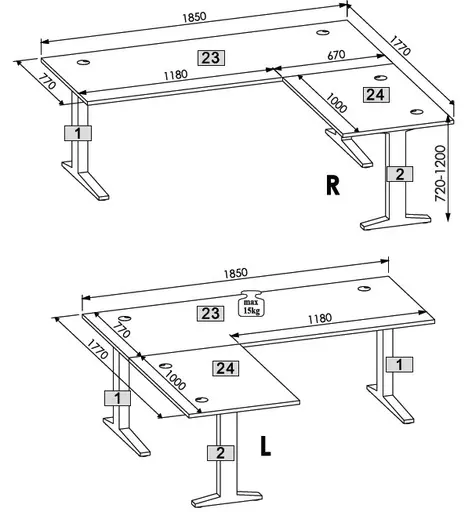 Winkelschreibtisch - höhenverstellbar, LB ca. 185x177 cm, Riva Eiche Nachbildung, Silberfarben