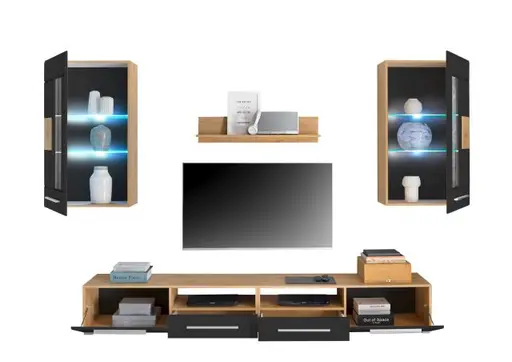 Wohnwand - mit Beleuchtung, Eiche Dekor, Schwarz