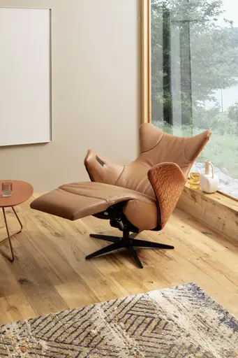 Relaxsessel Follina - Relaxfunktion (motorisch), Leder, Stoff, Cognac