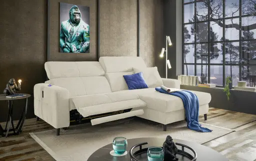 Ecksofa JANKO - 1-Sitzer mit Longchair rechts, Relaxfunktion motorisch, Stoff, Hellbeige
