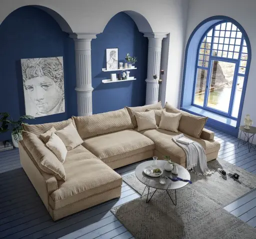 Wohnlandschaft - Longchair links, 2-Sitzer, Ecke rechts, Stoff, Hellbraun