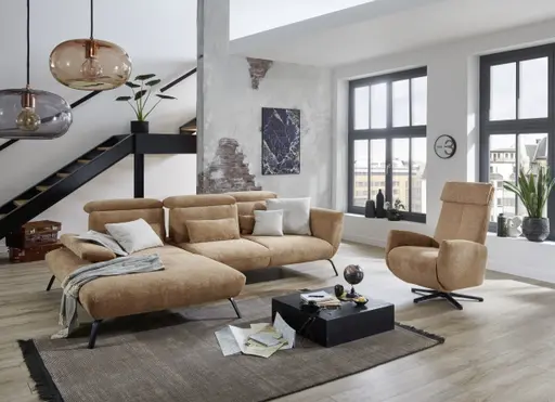 Ecksofa - Longchair links mit 3-Sitzer, Rückenlehne verstellbar, Stoff, Cognac