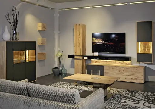 Highboard - mit Beleuchtung, Riffbuche massiv, Mattglas, Anthrazit