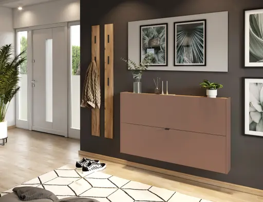 Schuhschrank GIANNA - B ca. 140 cm, Toffee, Navarra Eiche Nachbildung