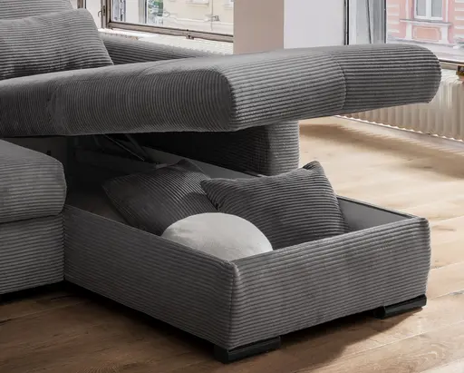 Ecksofa - 2-Sitzer mit Longchair rechts, Schlaffunktion, Cord, Grau