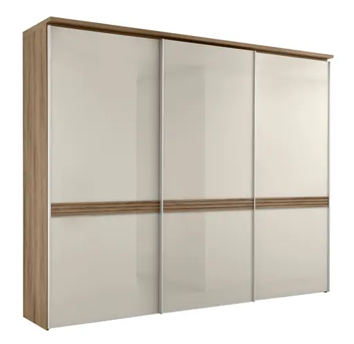 Schwebetürenschrank - B. ca. 280 cm, Elfenbeinglas, Eiche Dekor