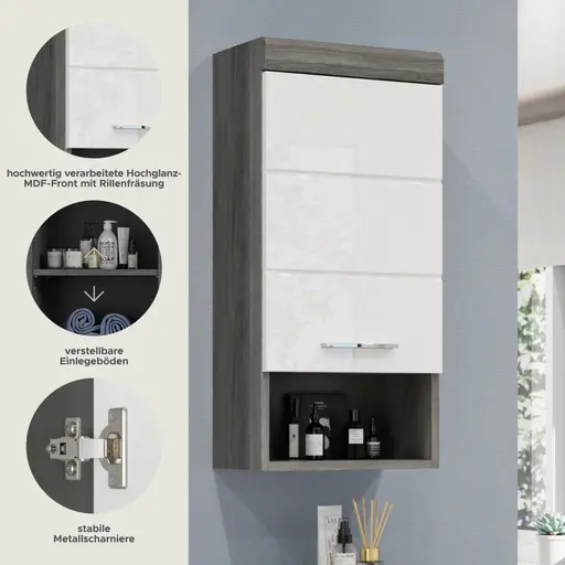 Hängeschrank - B ca. 37 cm, Rauchsilber, Weiß Hochglanz