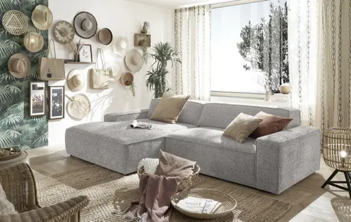 Ecksofa - Longchair links mit 2-Sitzer, Sitzvorzug motorisch, Stoff, Silbergrau