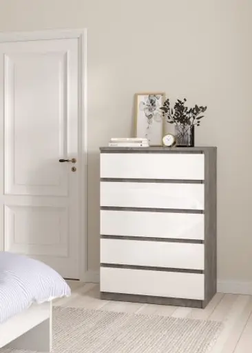 Kommode - B ca. 77 cm, Betonoptik, Weiß Hochglanz