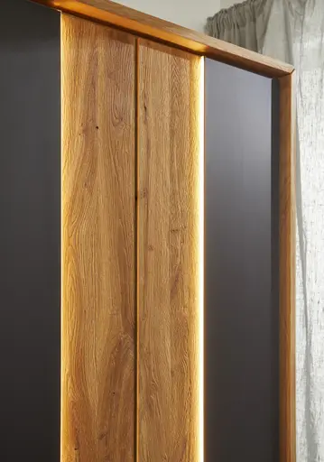 Drehtürenschrank Ottawa - inkl. Beleuchtung und Passepartout, B ca. 297 cm, Wildeiche massiv / Glas Anthrazit