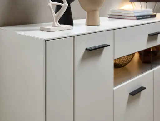 Sideboard -  mit Beleuchtung, Creme Lack, Absetzung: Granit Steinfurnier