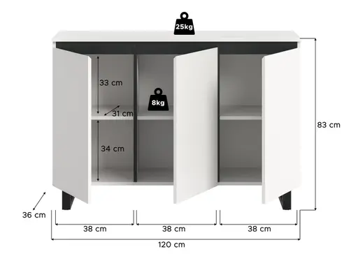 Sideboard - B ca. 120 cm, Weiß, Schwarz