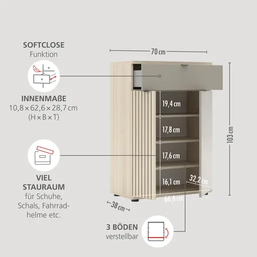 Schuhschrank - B ca. 70 cm, Riva Eiche Nachbildung, Basalt