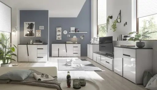 Kommode - B ca. 88 cm, Weiß, Weiß Hochglanz, Anthrazit