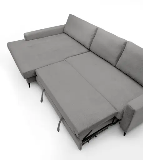 Ecksofa - Longchair links mit 3-Sitzer, Schlaffunktion mit Bettkasten, Stoff, Grau