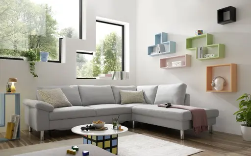 Ecksofa COOL - 2,5-Sitzer mit Ecke rechts, Querschläfer, Stoff, Hellgrau