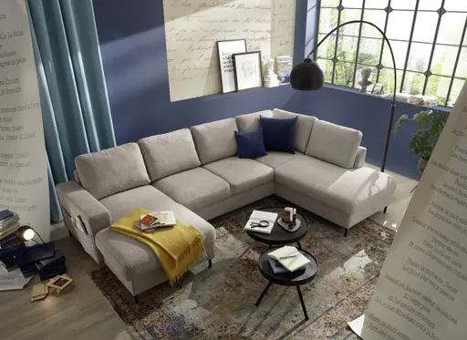 Wohnlandschaft - Longchair links mit 2-Sitzer und Ecke rechts, Stoff, Steingrau