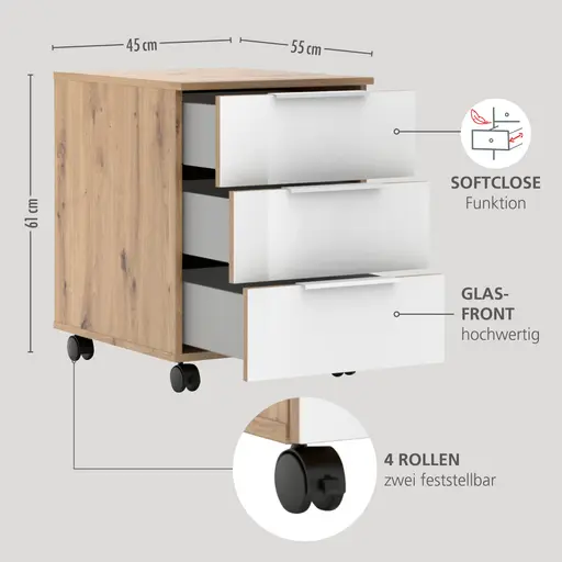Rollcontainer - B ca. 45 cm, Artisan Eiche Nachbildung, Weiß