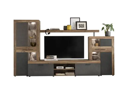 Wohnwand- Grau, Holzdekor