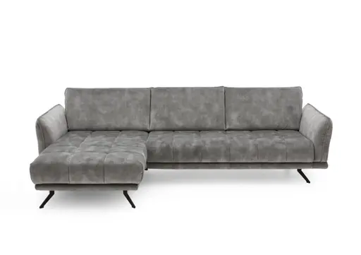 Ecksofa - Longchair links mit 3-Sitzer, Velourstoff, Silbergrau