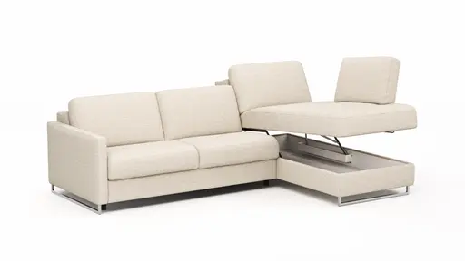Ecksofa Nuoro - 2-Sitzer mit Longchair rechts inkl. Schlaffunktion und Bettkasten, Stoff, Beige