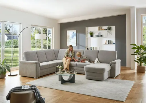 Wohnlandschaft  - Ecke links mit 2,5-Sitzer und Longchair rechts, Stoff Alufarben