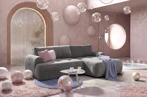 Ecksofa - 2-Sitzer mit Longchair rechts, Stoff, Steingrau