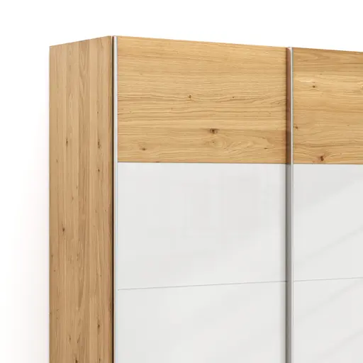 Schwebetürenschrank Colorado - B ca. 307 cm, Eichenfurnier mit Glas weiss