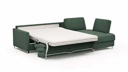 Ecksofa Nuoro - 2-Sitzer mit Longchair rechts inkl. Schlaffunktion und Bettkasten, Stoff, Dunkelgrün