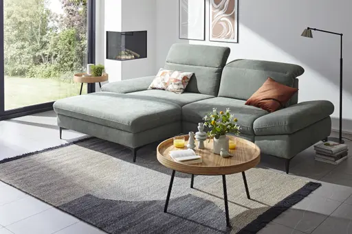 Ecksofa Alegria - Longchair links mit 1,5-Sitzer inkl. Kopfteil/ Armlehne/ Sitztiefe verstellbar, Stoff, Eisblau