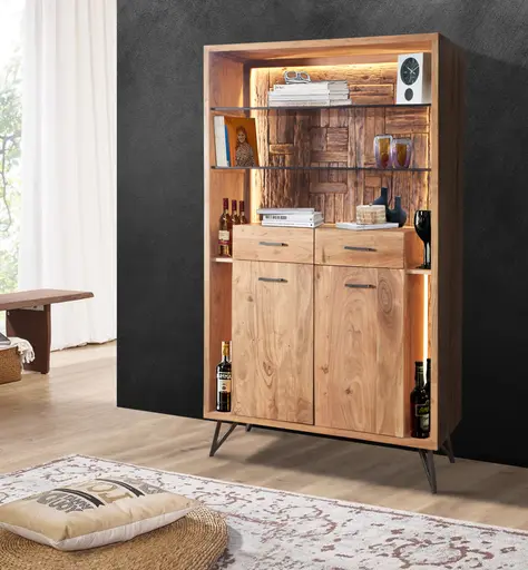 Highboard - mit Beleuchtung, B ca. 115 cm, Akazie massiv