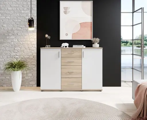 Kommode - B ca. 120 cm, Sonoma Eiche Nachbildung, Weiß