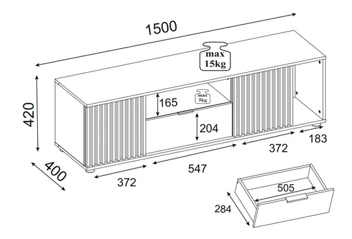 TV-Lowboard - B ca. 150 cm, Artisan Eiche Nachbildung, Schwarz